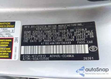 2008 Toyota Camry Le from USA, damaged, VIN 4T1BE46K18U196489